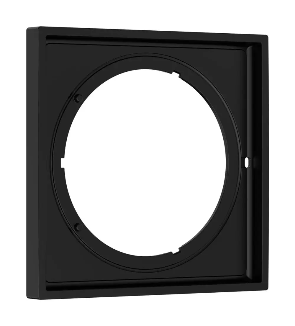 Quadratische, matte schwarze Abdeckplatte mit kreisförmiger Aussparung, geeignet für Installationen von Hansgrohe Armaturen oder ähnlichen Produkten.
